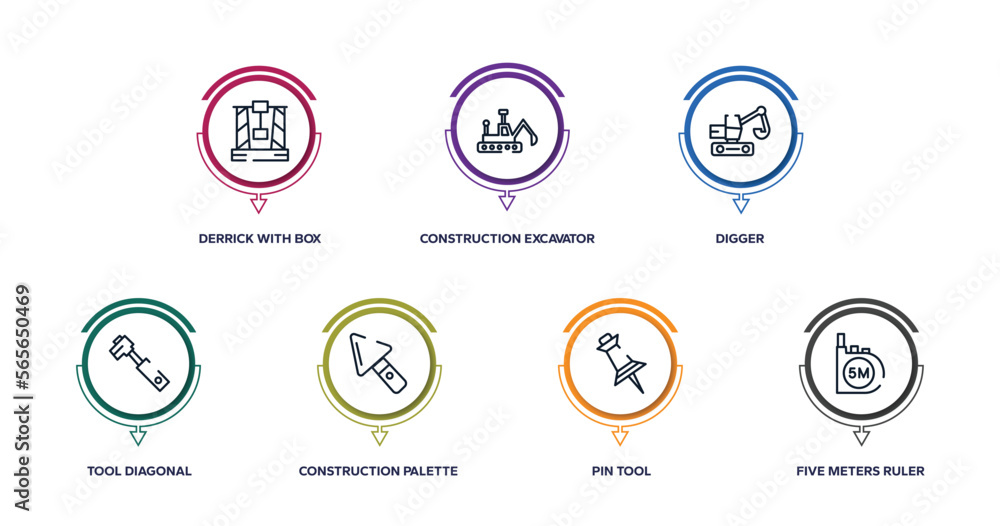 constructicons outline icons with infographic template. thin line icons such as derrick with box, construction excavator, digger, tool diagonal, construction palette, pin tool, five meters ruler