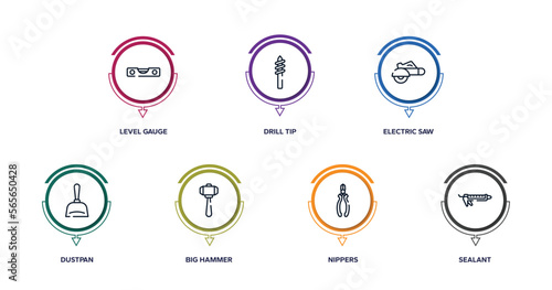 building outline icons with infographic template. thin line icons such as level gauge, drill tip, electric saw, dustpan, big hammer, nippers, sealant vector.