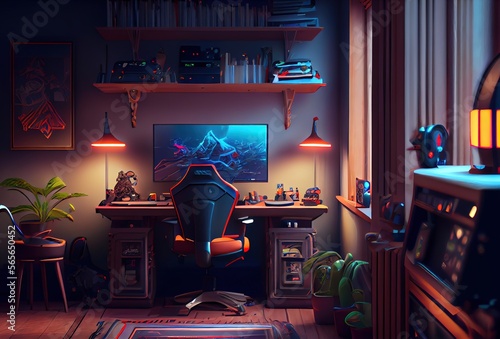 Interior of a pc gamer room, Generative Ai