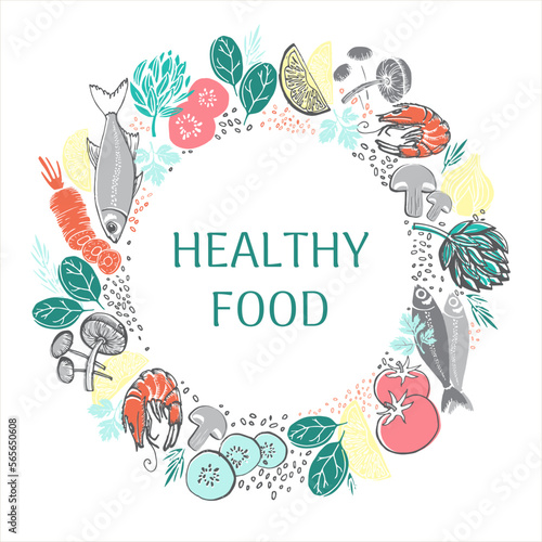 Set of healthy food ingredient, hand drawn, text box for your communication, frame vector illustration. © Olga