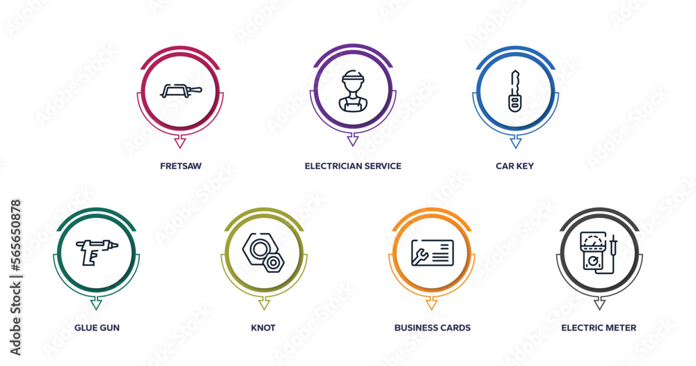 electrician tools outline icons with infographic template. thin line icons such as fretsaw, electrician service, car key, glue gun, knot, business cards, electric meter vector. electrician tools outline icons with infographic template. thin line icons such as fretsaw, electrician service, car key, glue gun, knot, business cards, electric meter vector.