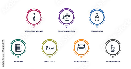 toolbox outline icons with infographic template. thin line icons such as repair screwdriver, open paint bucket, repair pliers, air filter, open scale, nuts and bolts, portable radio vector.