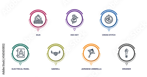 construction tool outline icons with infographic template. thin line icons such as kiln, hex key, cross stitch, electrical panel, sawmill, japanese umbrella, spanner vector.