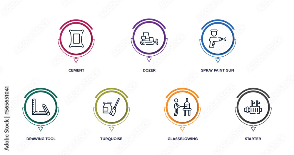 car parts outline icons with infographic template. thin line icons such as cement, dozer, spray paint gun, drawing tool, turquoise, glassblowing, starter vector. car parts outline icons with infographic template. thin line icons such as cement, dozer, spray paint gun, drawing tool, turquoise, glassblowing, starter vector.