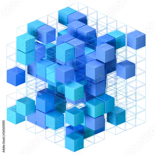 Data Analysis, Big data concept. Cubes and cube wireframes arranged in threedimensional space. Shades of blue. Transparent background