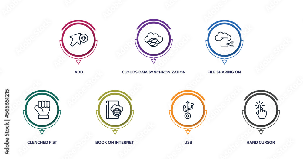 cursors and pointers outline icons with infographic template. thin line icons such as add, clouds data synchronization, file sharing on internet, clenched fist, book on internet cloud, usb, hand cursors and pointers outline icons with infographic template. thin line icons such as add, clouds data synchronization, file sharing on internet, clenched fist, book on internet cloud, usb, hand