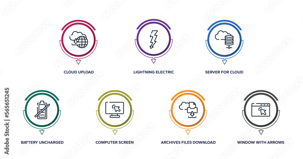 computer and media outline icons with infographic template. thin line icons such as cloud upload, lightning electric energy, server for cloud, battery uncharged, computer screen with arrow, archives computer and media outline icons with infographic template. thin line icons such as cloud upload, lightning electric energy, server for cloud, battery uncharged, computer screen with arrow, archives
