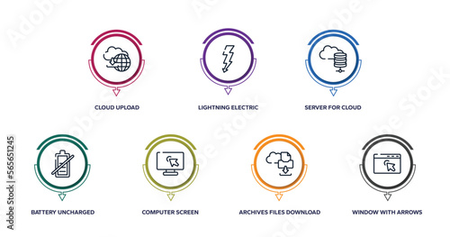 computer and media outline icons with infographic template. thin line icons such as cloud upload, lightning electric energy, server for cloud, battery uncharged, computer screen with arrow, archives