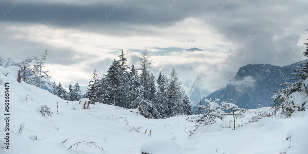Fototapeta premium Panorama einer Winterlandschaft im Tourismusgebiet Zillertal in Tirol