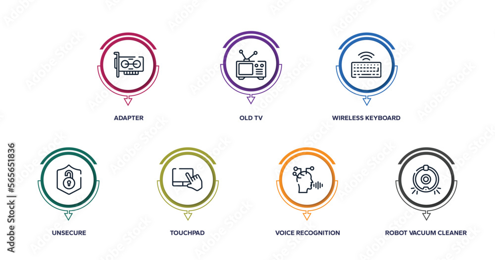 ai for earth outline icons with infographic template. thin line icons such as adapter, old tv, wireless keyboard, unsecure, touchpad, voice recognition, robot vacuum cleaner vector. ai for earth outline icons with infographic template. thin line icons such as adapter, old tv, wireless keyboard, unsecure, touchpad, voice recognition, robot vacuum cleaner vector.