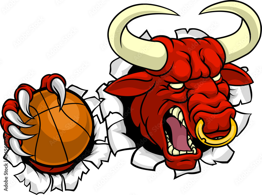 Naklejka premium A bull or Minotaur monster longhorn cow angry mean basketball mascot cartoon.