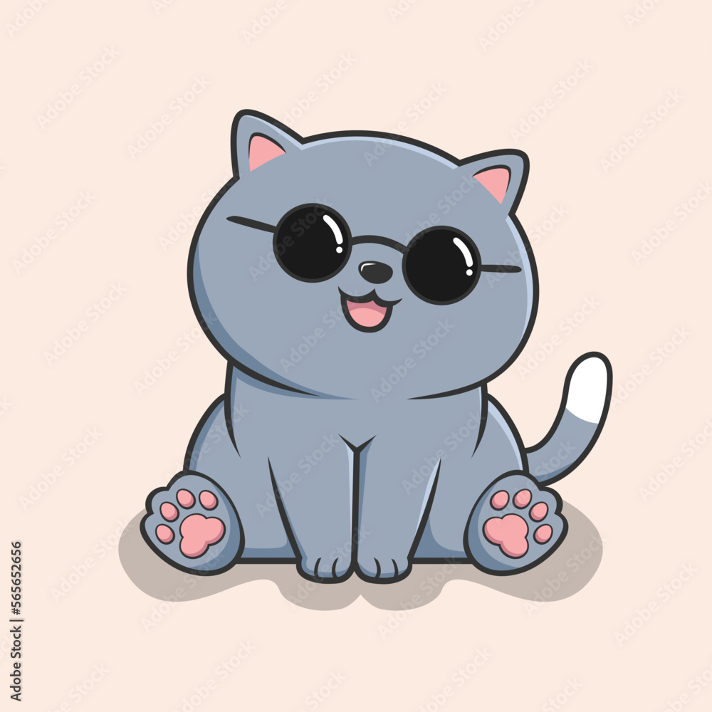 Cat Sitting Cartoon - Cute Gray Cat Sit - Cool with Circle Glasses Cat Sitting Cartoon - Cute Gray Cat Sit - Cool with Circle Glasses