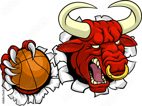 A bull or Minotaur monster longhorn cow angry mean basketball mascot cartoon.