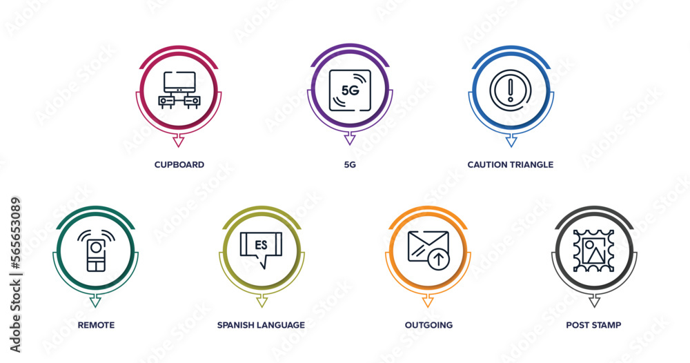 post office outline icons with infographic template. thin line icons such as cupboard, 5g, caution triangle, remote, spanish language, outgoing, post stamp vector. post office outline icons with infographic template. thin line icons such as cupboard, 5g, caution triangle, remote, spanish language, outgoing, post stamp vector.