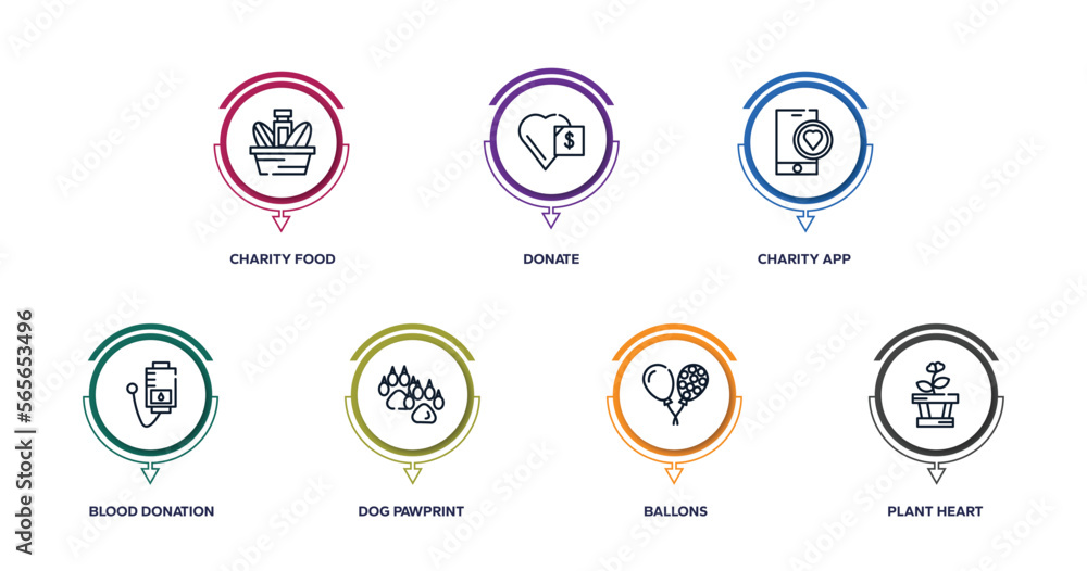 charity outline icons with infographic template. thin line icons such as charity food, donate, charity app, blood donation, dog pawprint, ballons, plant heart vector.