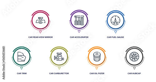 car parts outline icons with infographic template. thin line icons such as car rear-view mirror, car accelerator, fuel gauge, trim, carburettor, oil filter, hubcap vector.