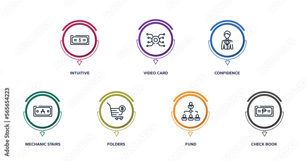 economic outline icons with infographic template. thin line icons such as intuitive, video card, confidence, mechanic stairs, folders, fund, check book vector. economic outline icons with infographic template. thin line icons such as intuitive, video card, confidence, mechanic stairs, folders, fund, check book vector.