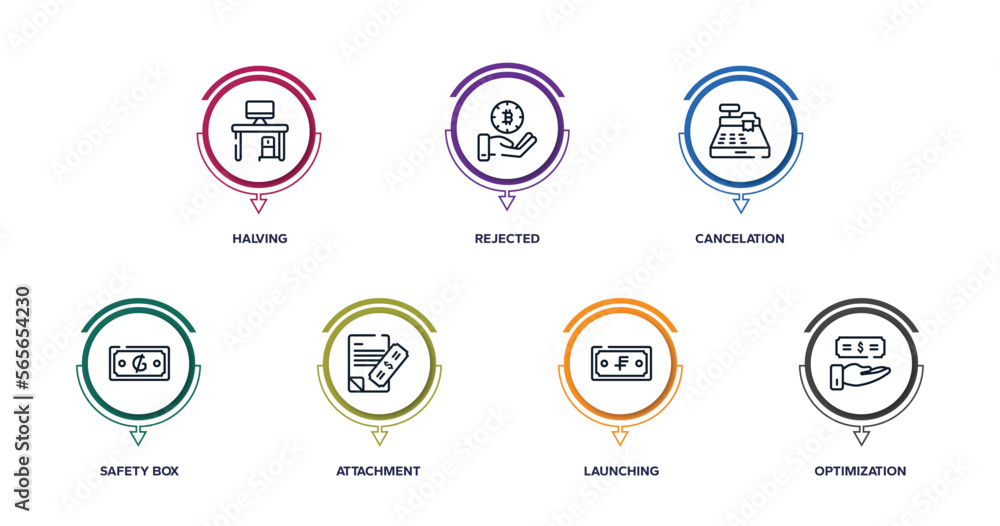 management outline icons with infographic template. thin line icons such as halving, rejected, cancelation, safety box, attachment, launching, optimization vector. management outline icons with infographic template. thin line icons such as halving, rejected, cancelation, safety box, attachment, launching, optimization vector.