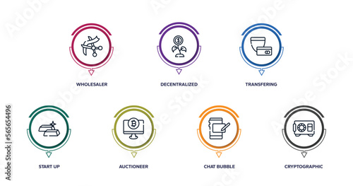 cryptocurrency outline icons with infographic template. thin line icons such as wholesaler, decentralized, transfering, start up, auctioneer, chat bubble, cryptographic vector.