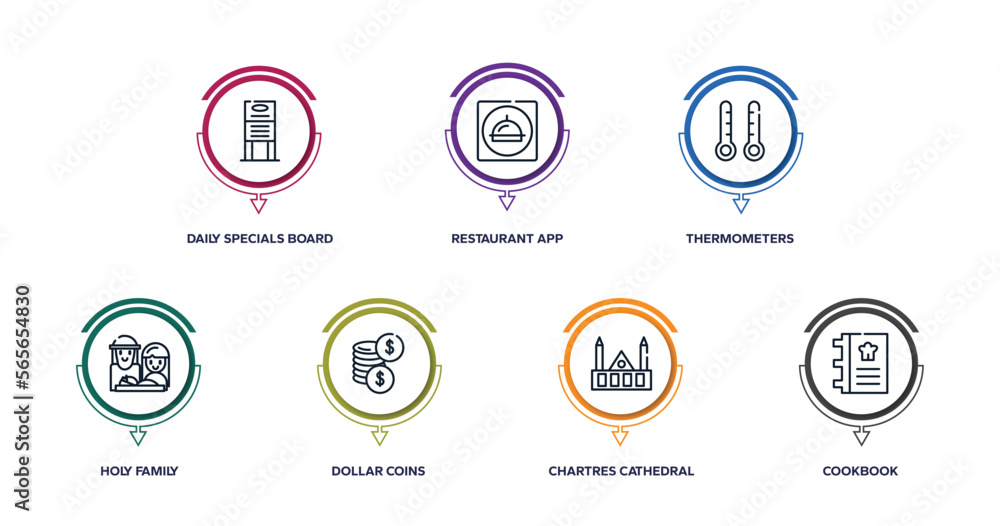 restaurant elements outline icons with infographic template. thin line icons such as daily specials board, restaurant app, thermometers, holy family, dollar coins, chartres cathedral, cookbook restaurant elements outline icons with infographic template. thin line icons such as daily specials board, restaurant app, thermometers, holy family, dollar coins, chartres cathedral, cookbook