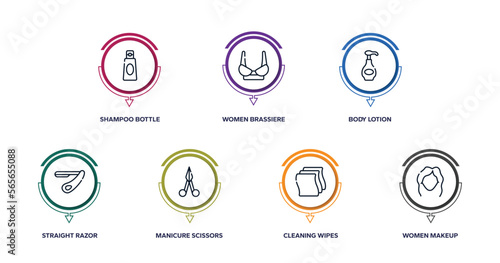 beauty salon outline icons with infographic template. thin line icons such as shampoo bottle  women brassiere  body lotion  straight razor  manicure scissors  cleaning wipes  women makeup vector.