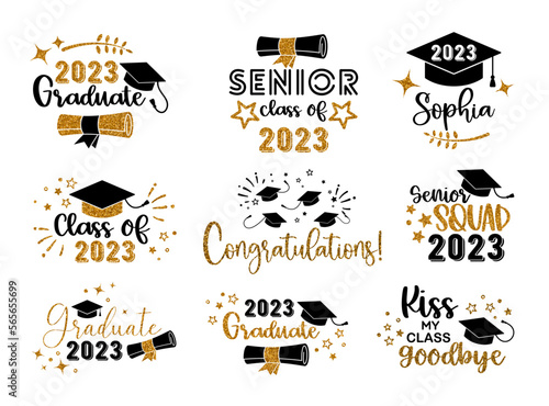 Graduation congratulations at school, university or college. Trendy calligraphy inscription with gold glitter