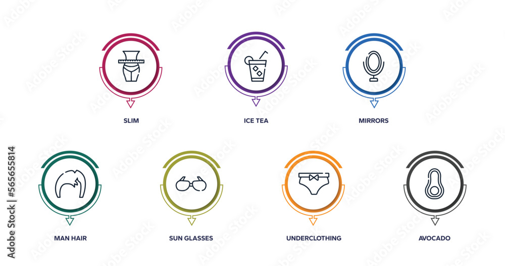 spa & wellness outline icons with infographic template. thin line icons such as slim, ice tea, mirrors, man hair, sun glasses, underclothing, avocado vector.