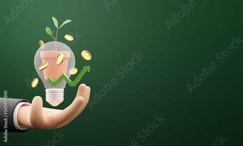 Green economy concept design of business hand with light bulb and tree in flower pot with gold coin 3D render photo