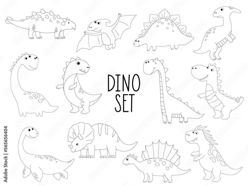Big set of cute dinosaur outlines in cartoon style. Kids coloring book illustrations. Big set of cute dinosaur outlines in cartoon style. Kids coloring book illustrations.