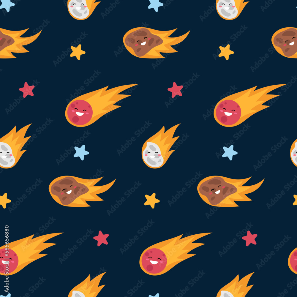 Seamless pattern with cute stars, comets, asteroids and meteorites on dark background. Seamless pattern with cute stars, comets, asteroids and meteorites on dark background.