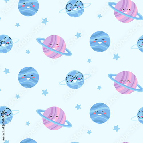 Seamless pattern with cute stars and planets on light background. 