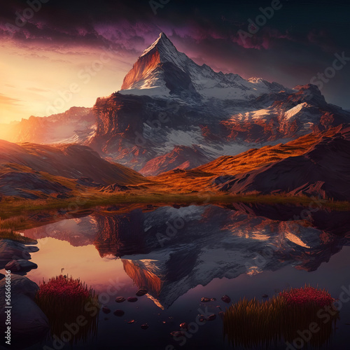 Idyllic alpine mountain peak landscape at sunset as digital illustration (generative AI)