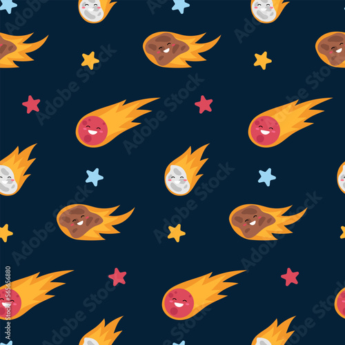 Seamless pattern with cute stars, comets, asteroids and meteorites on dark background.