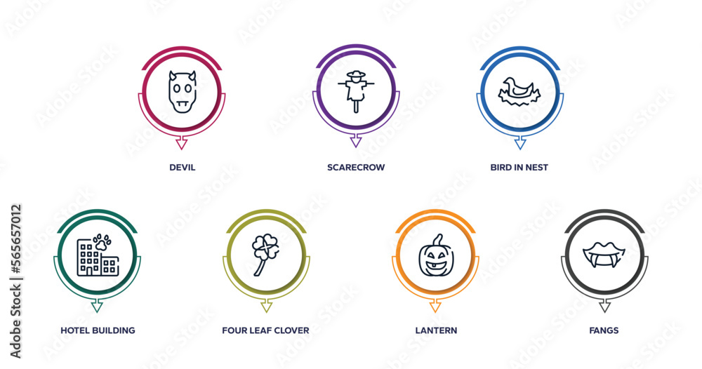 halloween outline icons with infographic template. thin line icons such as devil, scarecrow, bird in nest, hotel building, four leaf clover, lantern, fangs vector. halloween outline icons with infographic template. thin line icons such as devil, scarecrow, bird in nest, hotel building, four leaf clover, lantern, fangs vector.