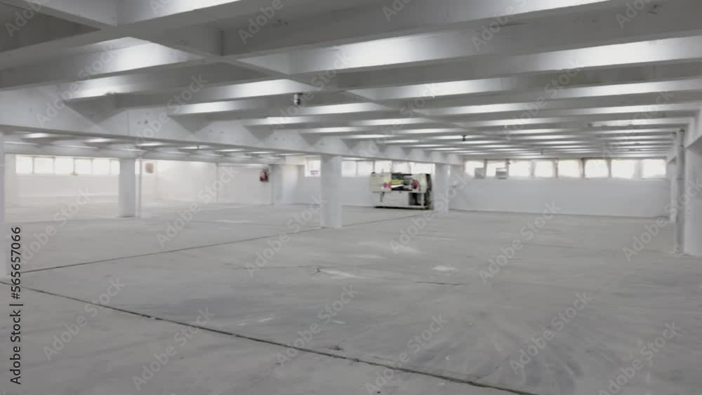 Large Empty Hall Factory Building Floor Structure Lights On pan Large Empty Hall Factory Building Floor Structure Lights On pan