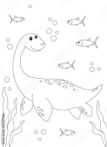 Funny cartoon dinosaur Plesiosaurus. Black and white vector illustration for coloring book