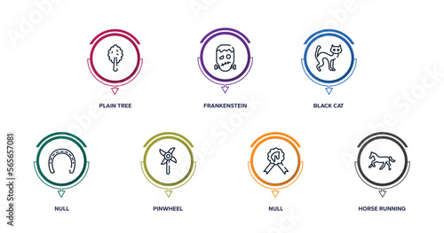 horses outline icons with infographic template. thin line icons such as plain tree, frankenstein, black cat, null, pinwheel, null, horse running vector.