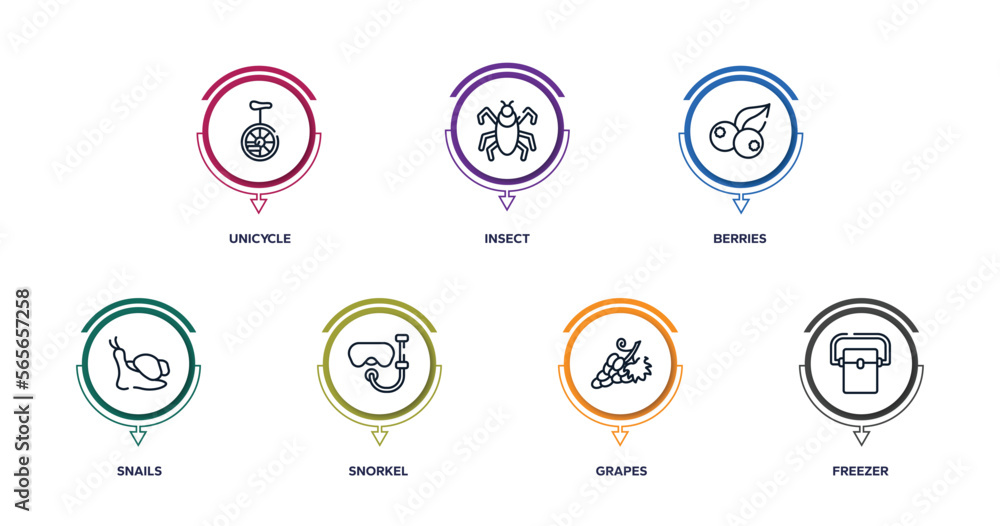 tropical outline icons with infographic template. thin line icons such as unicycle, insect, berries, snails, snorkel, grapes, freezer vector. tropical outline icons with infographic template. thin line icons such as unicycle, insect, berries, snails, snorkel, grapes, freezer vector.