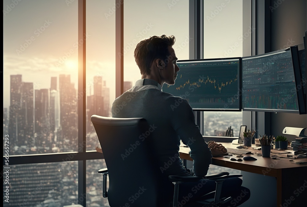 Mann kontrolliert Business Charts im Büro mit guter Aussicht auf die Großstadt. Illustration für Börse, Finanzen, wie Trading oder Bitcoin - KI generiert