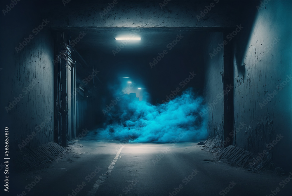 Dark street, asphalt abstract dark blue background, empty dark scene, neon light, spotlights The concrete floor and studio room with smoke float up, generative ai