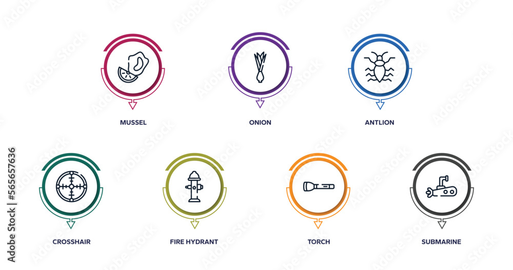 diving outline icons with infographic template. thin line icons such as mussel, onion, antlion, crosshair, fire hydrant, torch, submarine vector. diving outline icons with infographic template. thin line icons such as mussel, onion, antlion, crosshair, fire hydrant, torch, submarine vector.