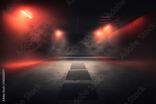 Dark street, asphalt abstract dark red background, empty dark scene, neon light, spotlights The concrete floor and studio room with smoke float up, generative ai