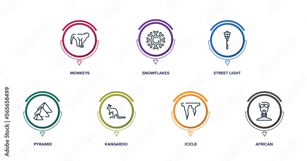 africa outline icons with infographic template. thin line icons such as monkeys, snowflakes, street light, pyramid, kangaroo, icicle, african vector. africa outline icons with infographic template. thin line icons such as monkeys, snowflakes, street light, pyramid, kangaroo, icicle, african vector.