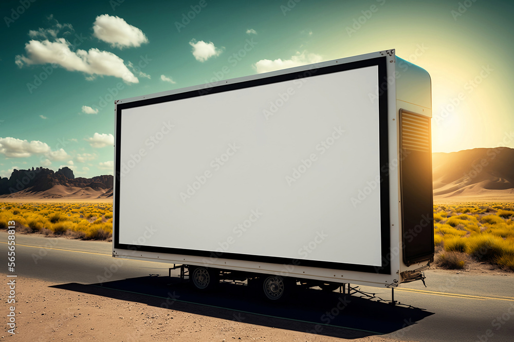 Large billboard standing on a trailer, by the road. Great screen standing outside the city. Mockup template. Sunset. Free copy space for your advertisement or graphic material. 3D rendering. Large billboard standing on a trailer, by the road. Great screen standing outside the city. Mockup template. Sunset. Free copy space for your advertisement or graphic material. 3D rendering.