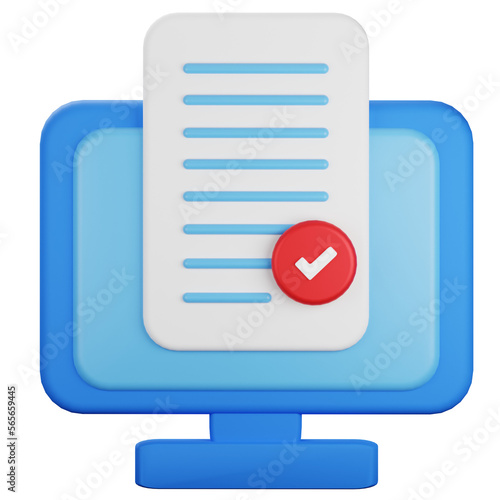 document file with approved check mark on computer screen 3d  icon cartoon minimal style