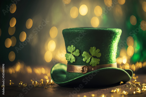Shiny green hat, gold coins and clover leaves. St. Patrick's day concept. Generative AI illustration