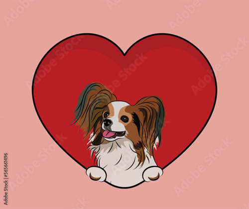 Funny papillon dog hanging with paws in a big Valentine's day heart. Love heart with pet head and heart and footprint. Dog face Holding Pink Heart Cartoon Icon art. St Valentine's day for dog funs.