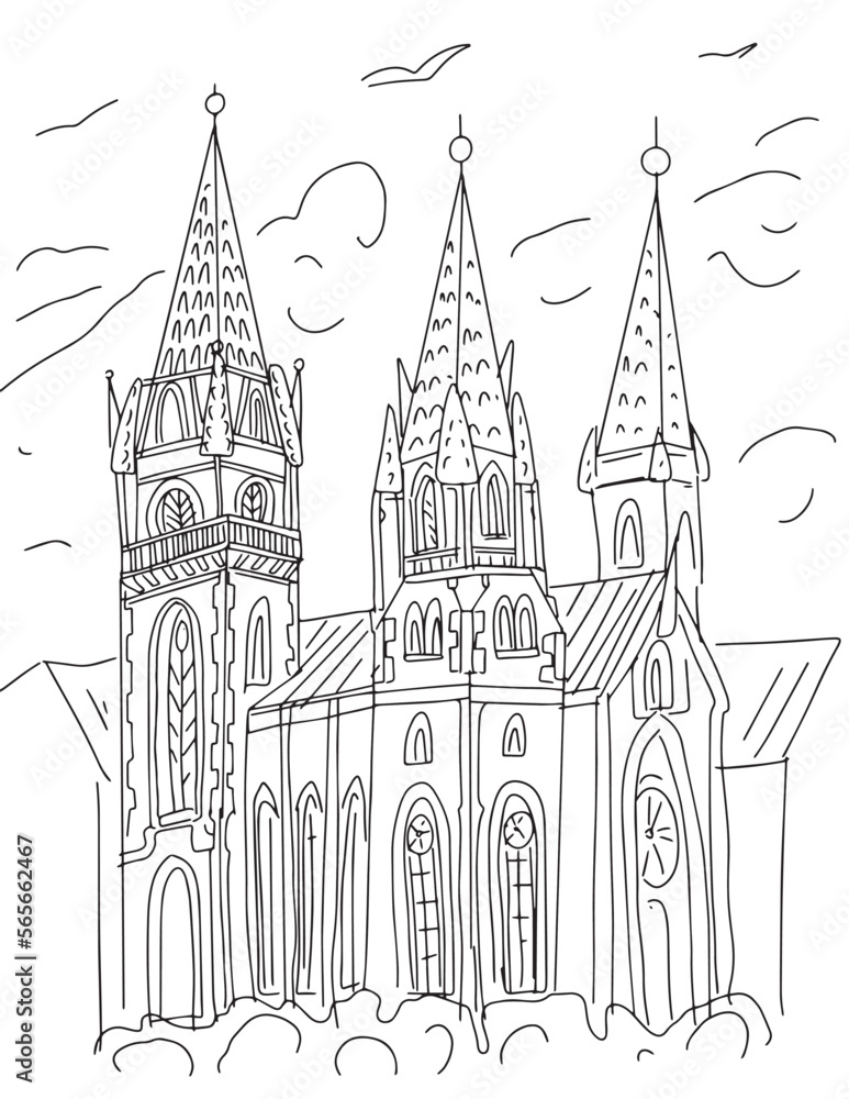 Cathedral castle palace historical building architecture coloring line graphic hand drawn background, building with high windows towers spiers and doors. black and white lines