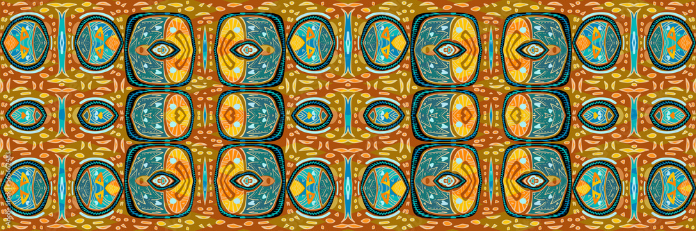 African pattern, graphic design, geometric shapes, orange and blue-green colors, high definition image (HD format), illustration