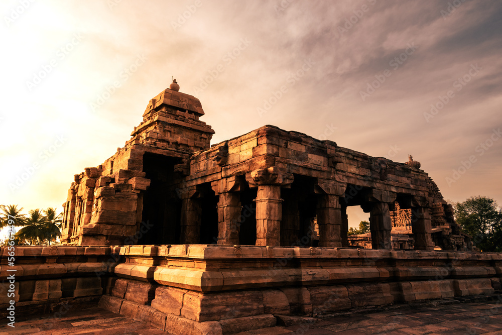 Ancient Sangameshwara temple with decorated pillars during sunset ,at Pattadakal heritage site,Karnataka,India.